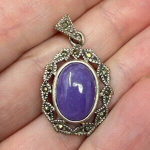 Vtg 925 Sterling Silver Marcasite & Charoite Purple Lavender Jade Pendant Filigr